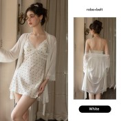 LPLT61024001 Satin Pads, Sweet Lace, Sexy Backless Printed Camisole Nightgown/Robe Set