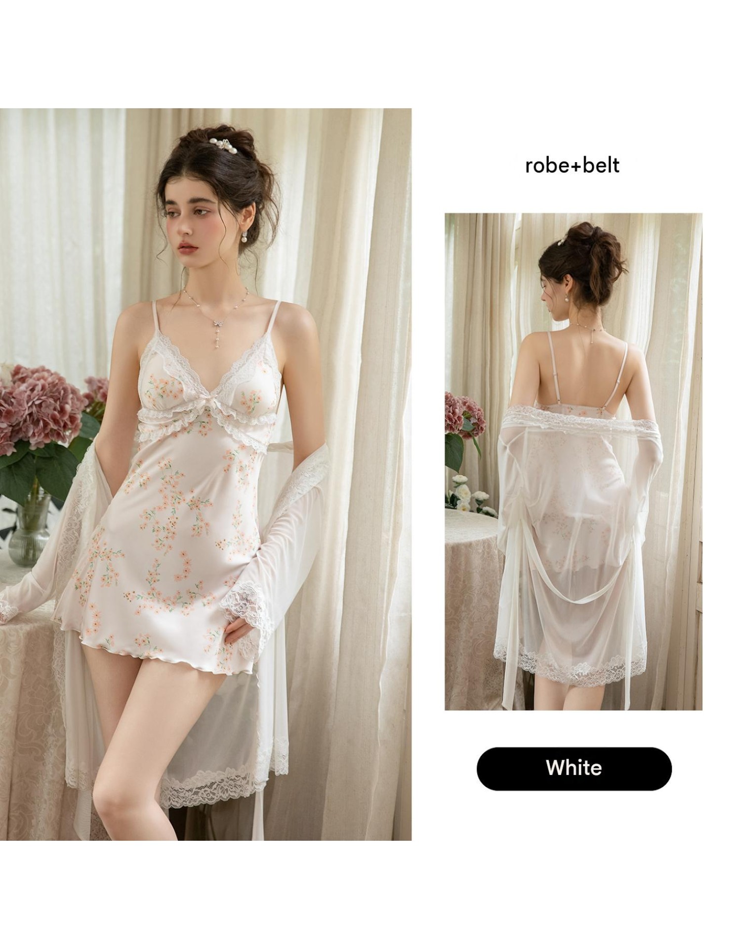 LPLT61024001 Satin Pads, Sweet Lace, Sexy Backless Printed Camisole Nightgown/Robe Set