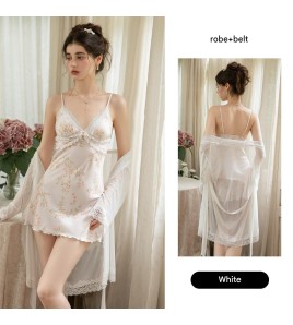 LPLT61024001 Satin Pads, Sweet Lace, Sexy Backless Printed Camisole Nightgown/Robe Set