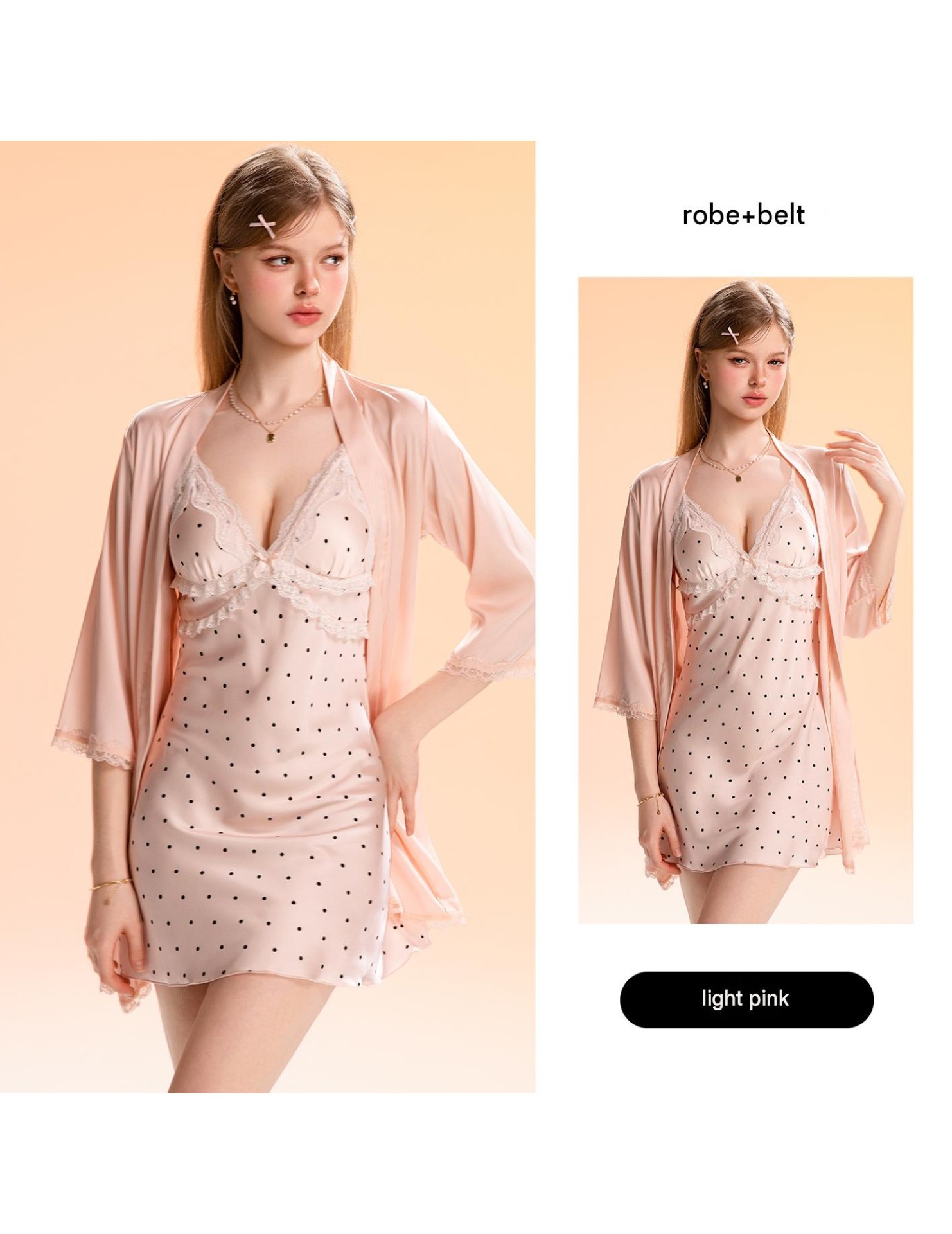 LPLT61024001A Satin Pads, Sweet Lace, Sexy Backless Printed Camisole Nightgown/Robe Set
