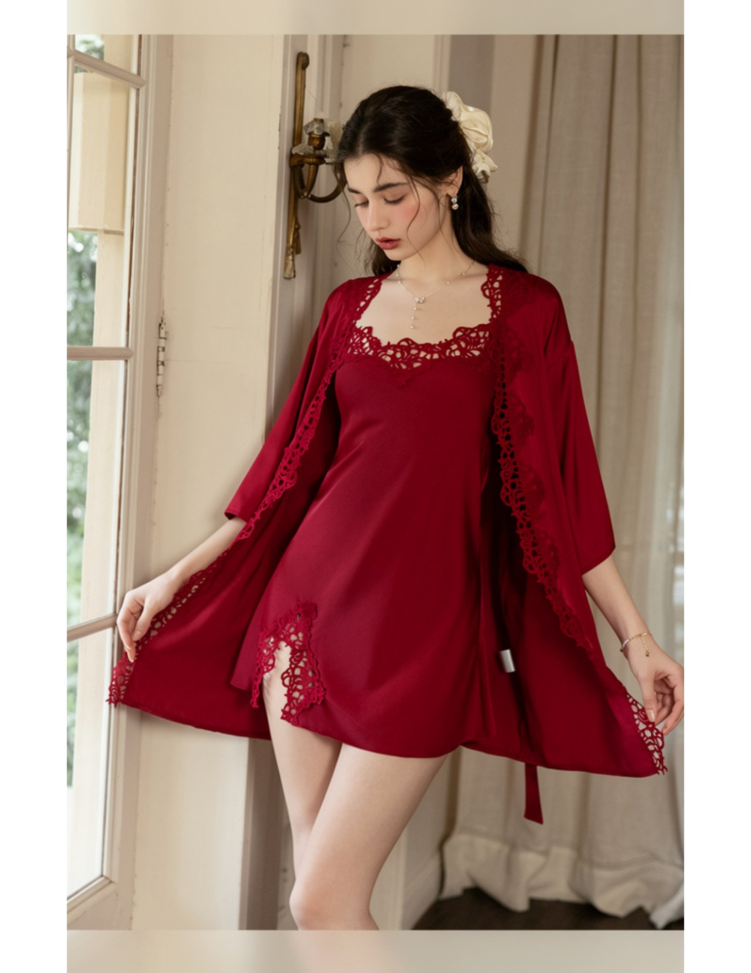 LPLT61024002 Satin Pure Desire Low-Cut Hollow-Out Crochet Floral Temptation Slit Spaghetti Strap Nightgown/Robe/Home Wear