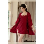 LPLT61024002 Satin Pure Desire Low-Cut Hollow-Out Crochet Floral Temptation Slit Spaghetti Strap Nightgown/Robe/Home Wear