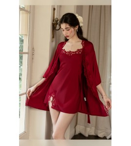 LPLT61024002 Satin Pure Desire Low-Cut Hollow-Out Crochet Floral Temptation Slit Spaghetti Strap Nightgown/Robe/Home Wear