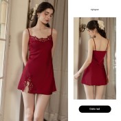 LPLT61024002 Satin Pure Desire Low-Cut Hollow-Out Crochet Floral Temptation Slit Spaghetti Strap Nightgown/Robe/Home Wear