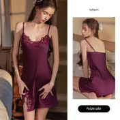 LPLT61024002 Satin Pure Desire Low-Cut Hollow-Out Crochet Floral Temptation Slit Spaghetti Strap Nightgown/Robe/Home Wear