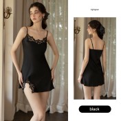 LPLT61024002 Satin Pure Desire Low-Cut Hollow-Out Crochet Floral Temptation Slit Spaghetti Strap Nightgown/Robe/Home Wear