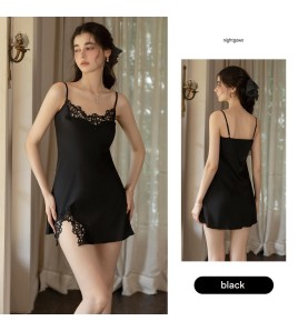 LPLT61024002 Satin Pure Desire Low-Cut Hollow-Out Crochet Floral Temptation Slit Spaghetti Strap Nightgown/Robe/Home Wear