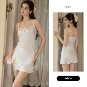 LPLT61024002 Satin Pure Desire Low-Cut Hollow-Out Crochet Floral Temptation Slit Spaghetti Strap Nightgown/Robe/Home Wear