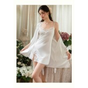 LPLT61024002 Satin Pure Desire Low-Cut Hollow-Out Crochet Floral Temptation Slit Spaghetti Strap Nightgown/Robe/Home Wear