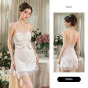 LPLT61024003 Satin lace trim, push-up design, removable breast pads, deep V-neck, seductive backless women's nightgown/robe