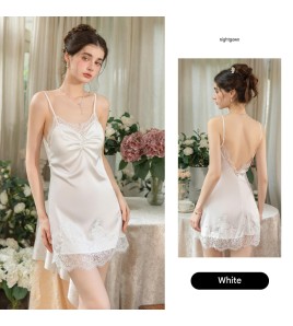 LPLT61024003 Satin lace trim, push-up design, removable breast pads, deep V-neck, seductive backless women's nightgown/robe