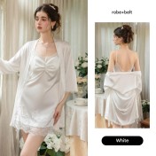 LPLT61024003 Satin lace trim, push-up design, removable breast pads, deep V-neck, seductive backless women's nightgown/robe