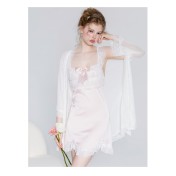 LPLT61024004 Satin Lace Butterfly Knot Embellished Irregular Hem Nightgown Robe Sexy Loungewear Set