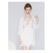 LPLT61024004 Satin Lace Butterfly Knot Embellished Irregular Hem Nightgown Robe Sexy Loungewear Set