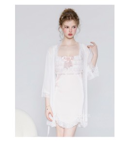 LPLT61024004 Satin Lace Butterfly Knot Embellished Irregular Hem Nightgown Robe Sexy Loungewear Set