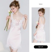 LPLT61024004 Satin Lace Butterfly Knot Embellished Irregular Hem Nightgown Robe Sexy Loungewear Set