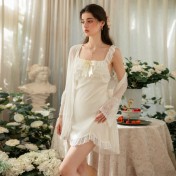 LPLT61024004 Satin Lace Butterfly Knot Embellished Irregular Hem Nightgown Robe Sexy Loungewear Set