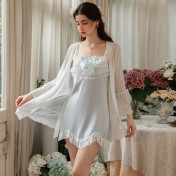 LPLT61024004 Satin Lace Butterfly Knot Embellished Irregular Hem Nightgown Robe Sexy Loungewear Set