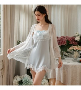 LPLT61024004 Satin Lace Butterfly Knot Embellished Irregular Hem Nightgown Robe Sexy Loungewear Set