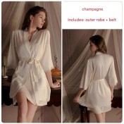 LPLT61024005 Pleated Push-up Bra Pad Satin Lace Tie Nightgown/Robe Women's Homewear Set