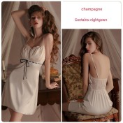 LPLT61024005 Pleated Push-up Bra Pad Satin Lace Tie Nightgown/Robe Women's Homewear Set