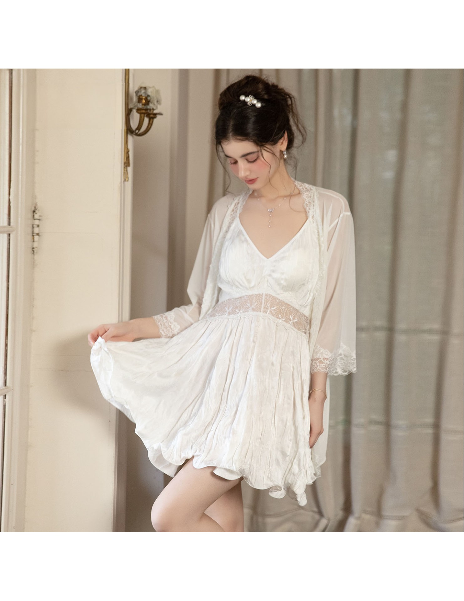 LPLT61024007 Satin Lace Waist-cinching Backless Tie-up Padded Gathered Pleated Skirt Nightgown/Robe/Loungewear
