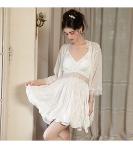 LPLT61024007 Satin Lace Waist-cinching Backless Tie-up Padded Gathered Pleated Skirt Nightgown/Robe/Loungewear