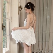 LPLT61024007 Satin Lace Waist-cinching Backless Tie-up Padded Gathered Pleated Skirt Nightgown/Robe/Loungewear