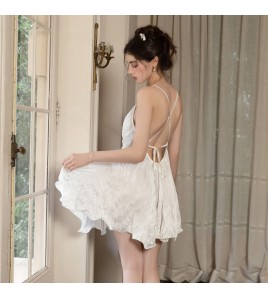 LPLT61024007 Satin Lace Waist-cinching Backless Tie-up Padded Gathered Pleated Skirt Nightgown/Robe/Loungewear