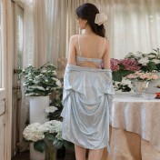 LPLT61024008 Velvet Printed Bra Pads, Mesh Paneling, Butterfly Knot Embellished Nightgown with Bell Sleeves and Robe Set