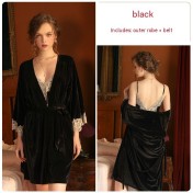 LPLT61024009 Solid Color Velvet Deep V Low-Cut Seductive Backless Nightgown/Slip Dress/Robe Women's Home Wear Set