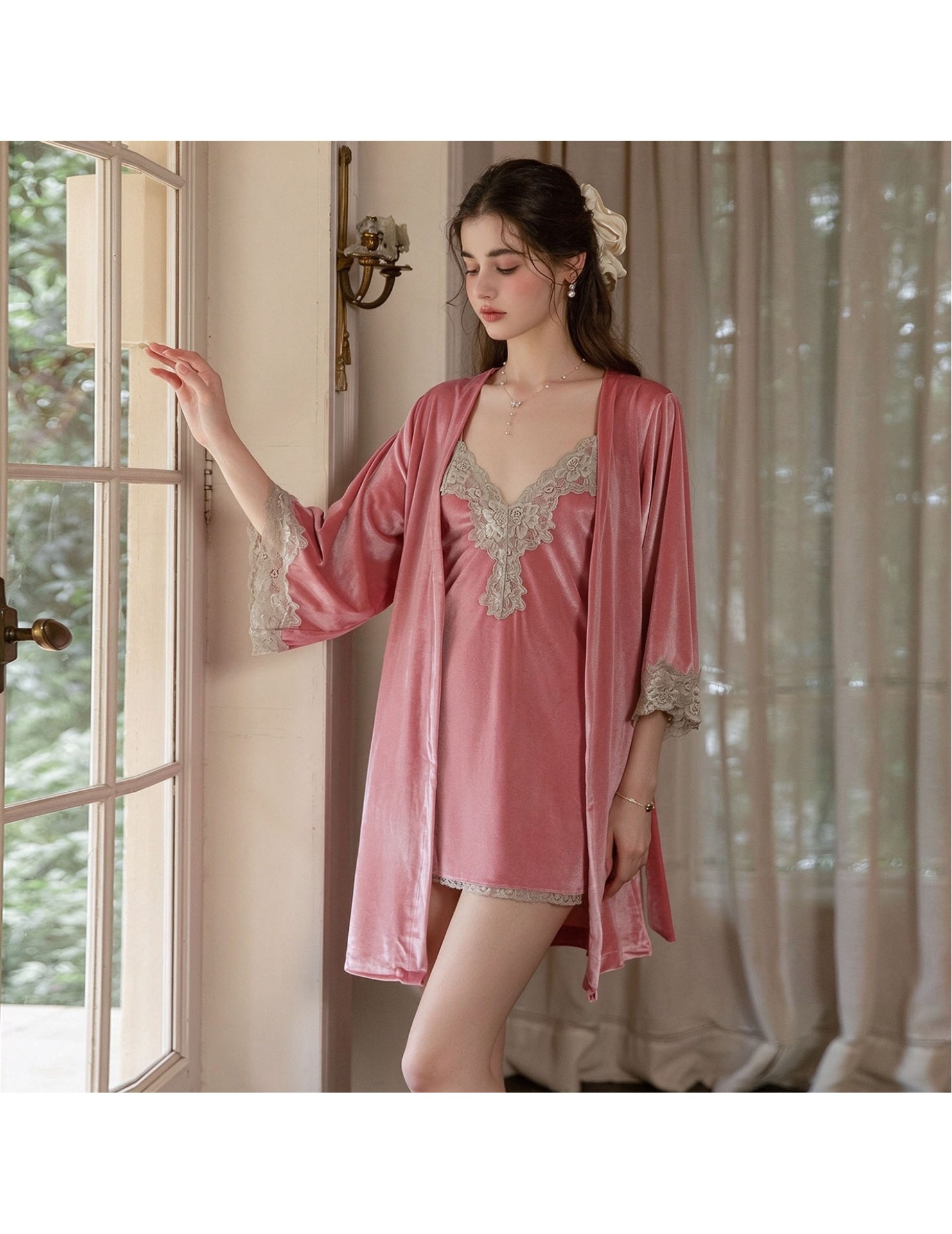 LPLT61024009 Solid Color Velvet Deep V Low-Cut Seductive Backless Nightgown/Slip Dress/Robe Women's Home Wear Set