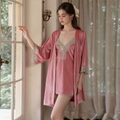 LPLT61024009 Solid Color Velvet Deep V Low-Cut Seductive Backless Nightgown/Slip Dress/Robe Women's Home Wear Set