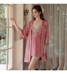 LPLT61024009 Solid Color Velvet Deep V Low-Cut Seductive Backless Nightgown/Slip Dress/Robe Women's Home Wear Set