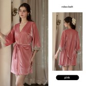 LPLT61024009 Solid Color Velvet Deep V Low-Cut Seductive Backless Nightgown/Slip Dress/Robe Women's Home Wear Set