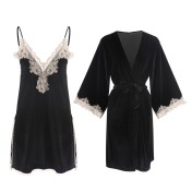 LPLT61024009 Solid Color Velvet Deep V Low-Cut Seductive Backless Nightgown/Slip Dress/Robe Women's Home Wear Set