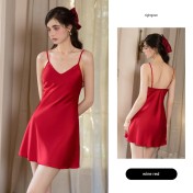 LPLT61024010 Silky Solid Color Satin Deep V Low-Cut Push-Up Nightgown with Removable Bra Pads and Long Mesh Outer Robe