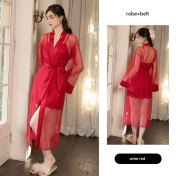 LPLT61024010 Silky Solid Color Satin Deep V Low-Cut Push-Up Nightgown with Removable Bra Pads and Long Mesh Outer Robe