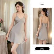LPLT61024010 Silky Solid Color Satin Deep V Low-Cut Push-Up Nightgown with Removable Bra Pads and Long Mesh Outer Robe
