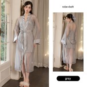 LPLT61024010 Silky Solid Color Satin Deep V Low-Cut Push-Up Nightgown with Removable Bra Pads and Long Mesh Outer Robe