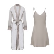 LPLT61024010 Silky Solid Color Satin Deep V Low-Cut Push-Up Nightgown with Removable Bra Pads and Long Mesh Outer Robe