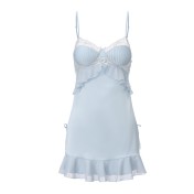LPLT61024010 Silky Solid Color Satin Deep V Low-Cut Push-Up Nightgown with Removable Bra Pads and Long Mesh Outer Robe