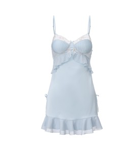 LPLT61024010 Silky Solid Color Satin Deep V Low-Cut Push-Up Nightgown with Removable Bra Pads and Long Mesh Outer Robe