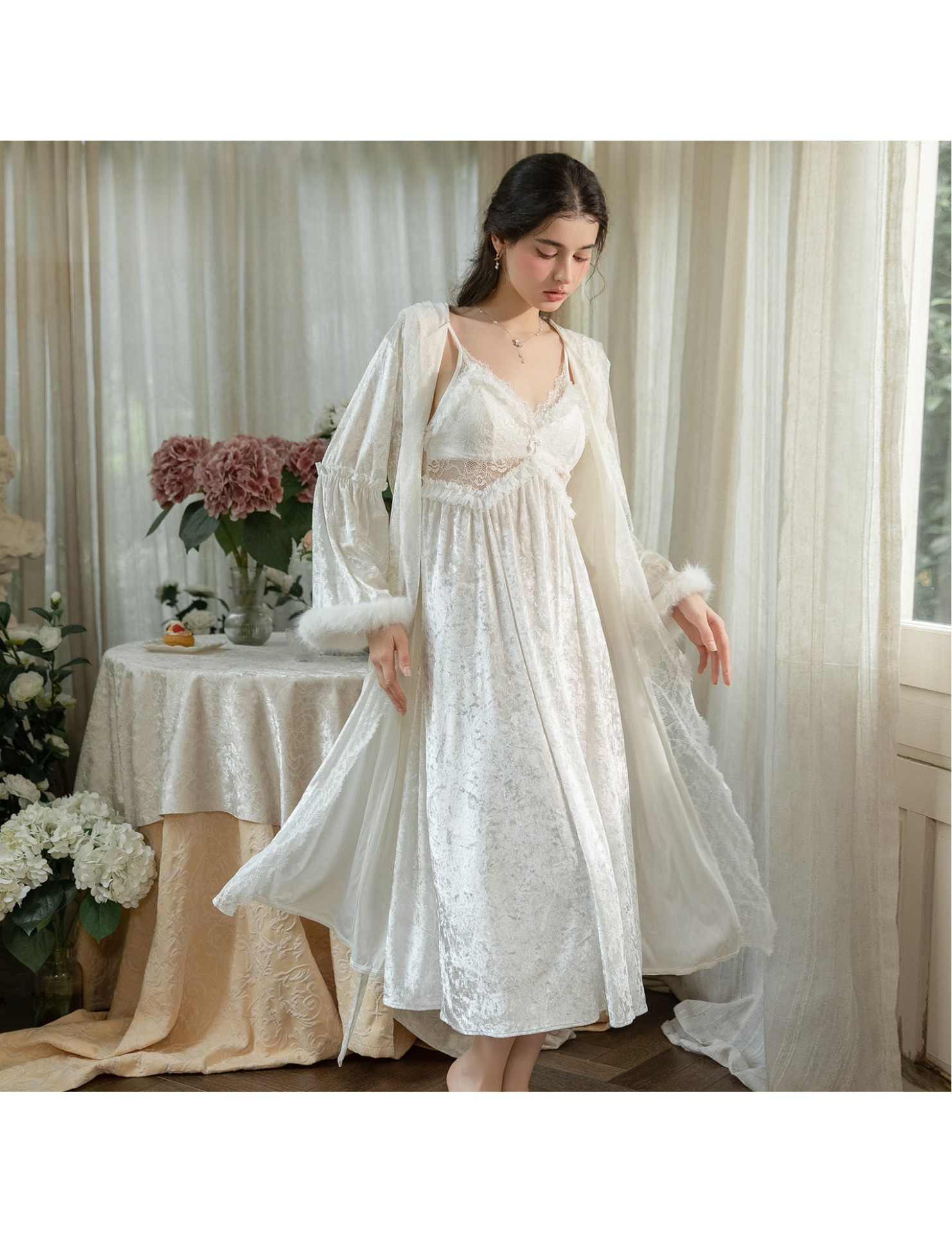 LPLT61027002 Velvet Pajamas with Lace Waist Belt, Padded Bra, Camisole, Hooded Robe, Home Set