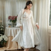 LPLT61027002 Velvet Pajamas with Lace Waist Belt, Padded Bra, Camisole, Hooded Robe, Home Set