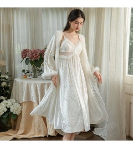 LPLT61027002 Velvet Pajamas with Lace Waist Belt, Padded Bra, Camisole, Hooded Robe, Home Set