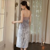 LPLT61027002 Velvet Pajamas with Lace Waist Belt, Padded Bra, Camisole, Hooded Robe, Home Set