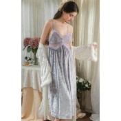 LPLT61027002 Velvet Pajamas with Lace Waist Belt, Padded Bra, Camisole, Hooded Robe, Home Set