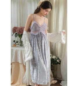 LPLT61027002 Velvet Pajamas with Lace Waist Belt, Padded Bra, Camisole, Hooded Robe, Home Set