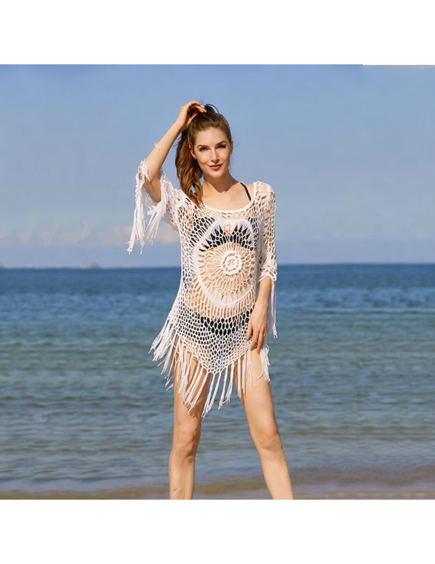 LTH6106002 Bikini Cover-up Beach Cover-up Tassel Sexy Beach Hollow-out Cover-up